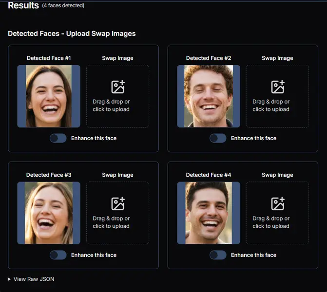 AI face detection interface showing detected faces for eye correction