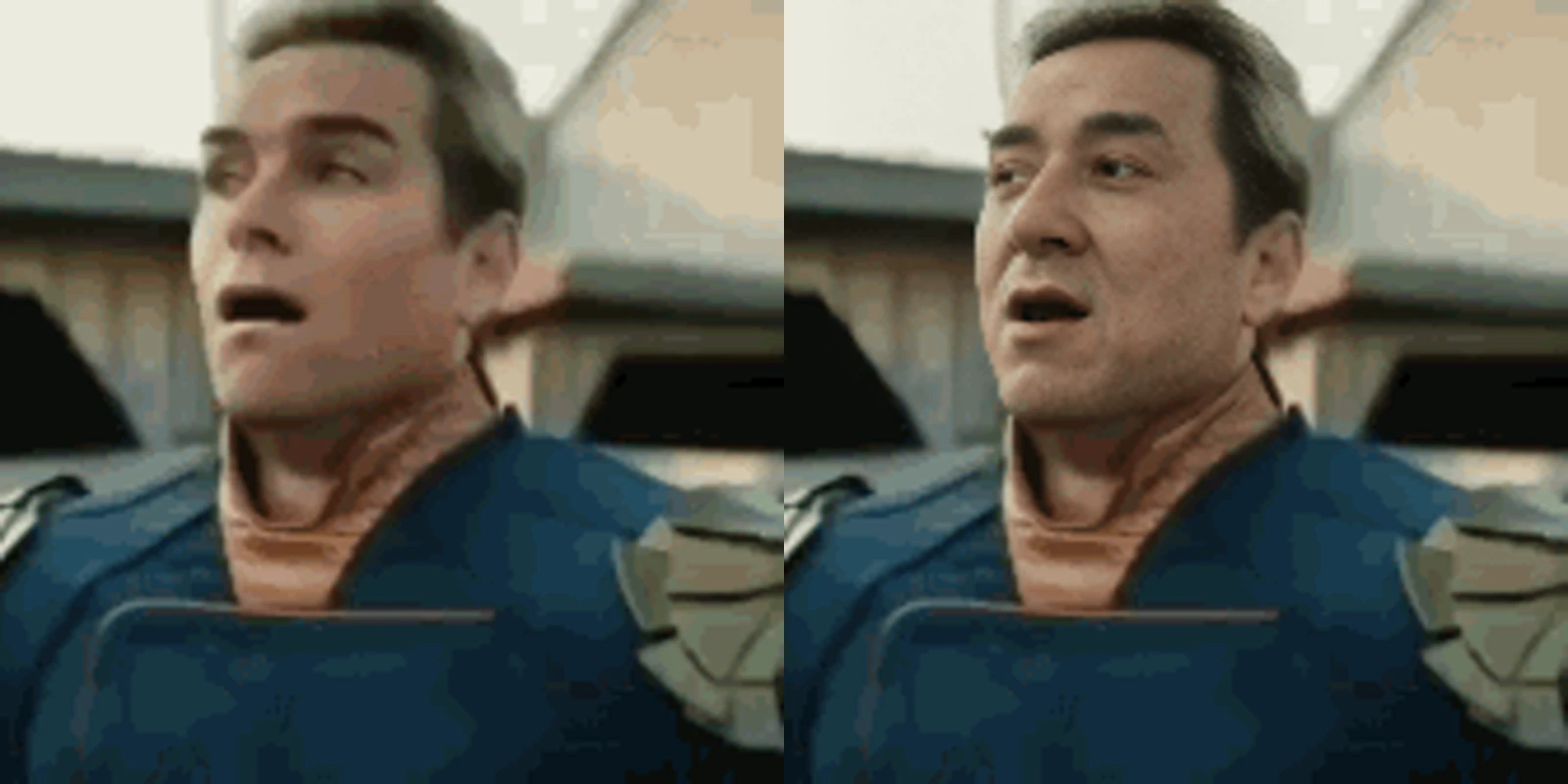 GIF face swap showing before and after frames from a Homelander clap animation