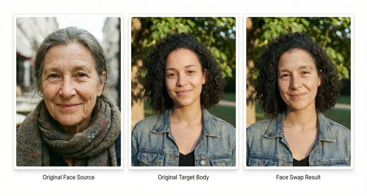 Face swap demo showing source face, target body, and swapped result
